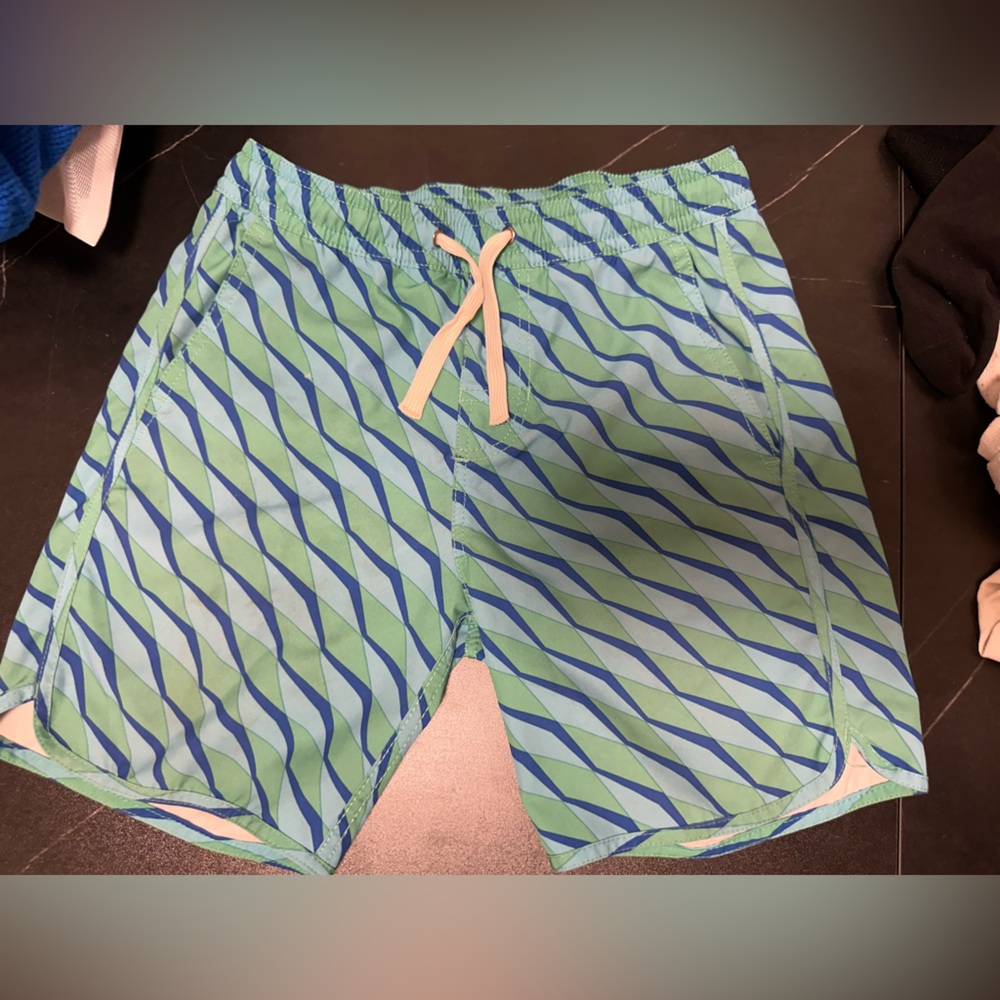Fair Harbor Kids Diagonal Stripe Swim Trunks - Light Blue & Lime